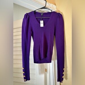 ***NWT***Gorgeous Bodycon Express Deep Purple Ribbed Knit Top with Gold Buttons